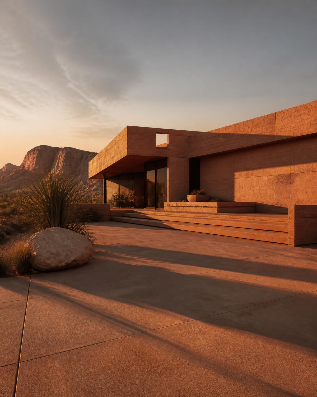 Rammed earth residence in golden hour light