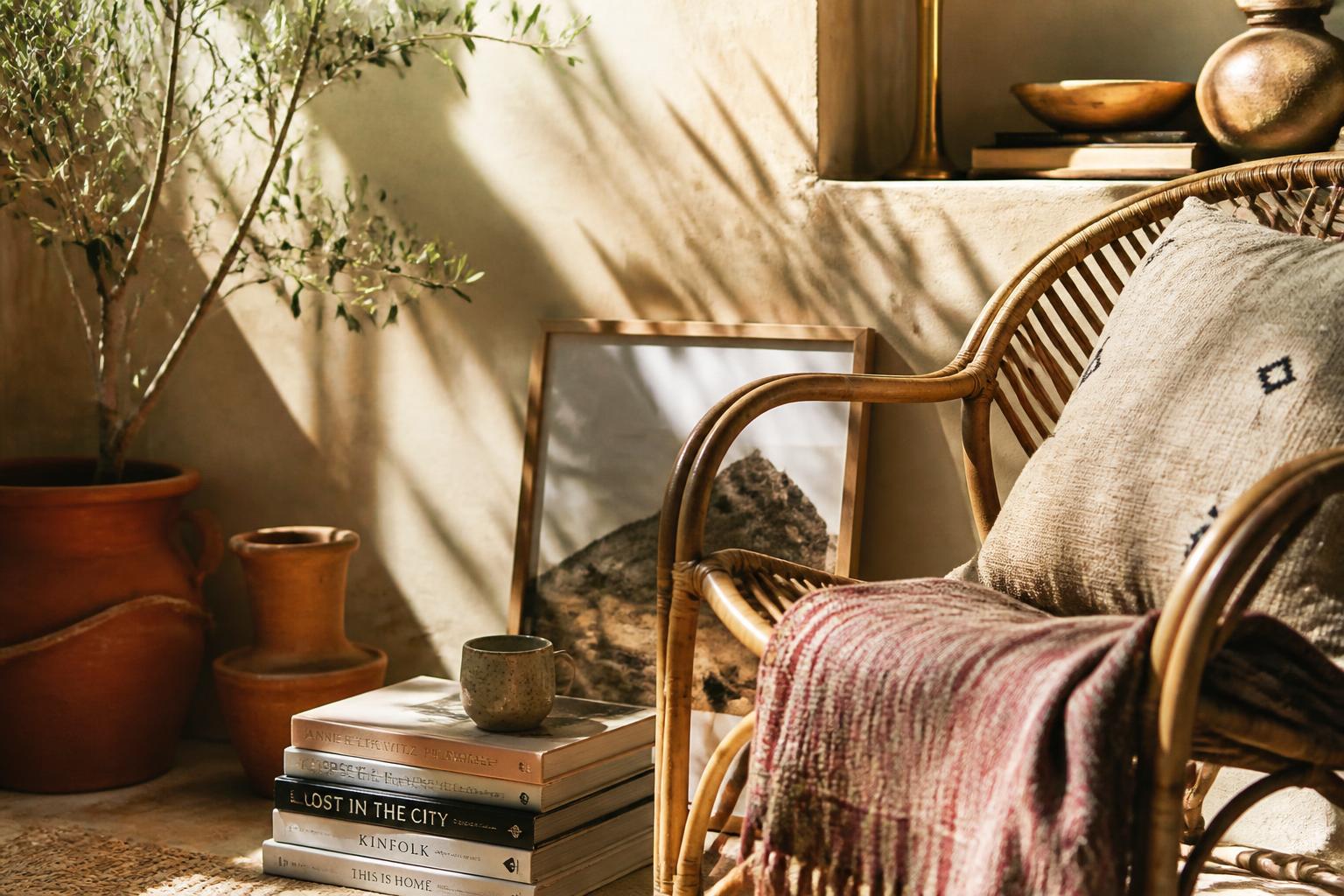 Concept study detail of a rattan chair, terracotta pots and art books against a lime-washed clay wall