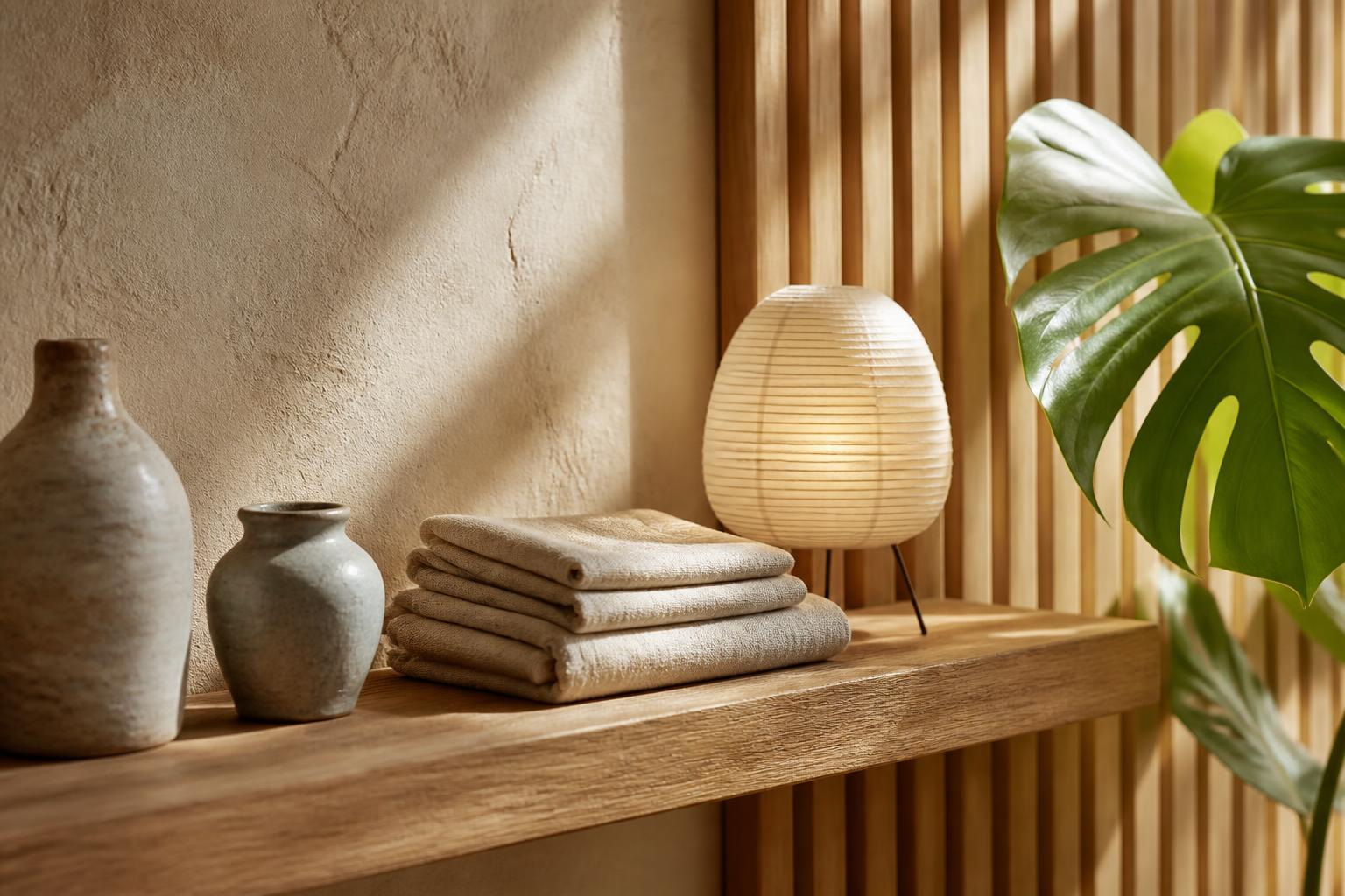 Concept study detail of ceramic vessels, folded linen and a glowing paper lamp on an oak shelf against cream plaster and wood slats