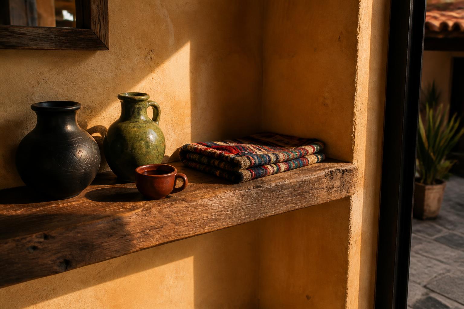Concept study detail of ochre lime plaster, a reclaimed wood shelf, Oaxacan black clay pottery and a folded serape