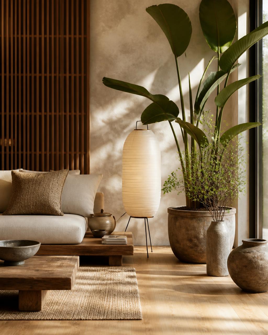 Concept study of a serene Japanese-inspired living corner with low timber sofa, wood slat screen, paper lantern and large leafy plants