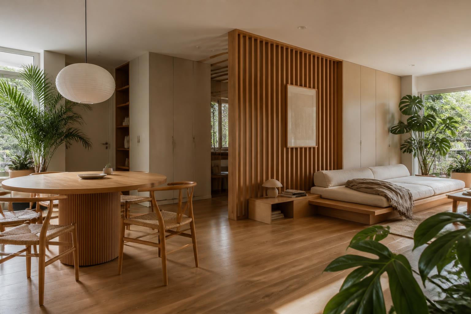 Concept study of a serene Japanese-inspired living and dining space with wood slat partition, low platform seating and leafy plants