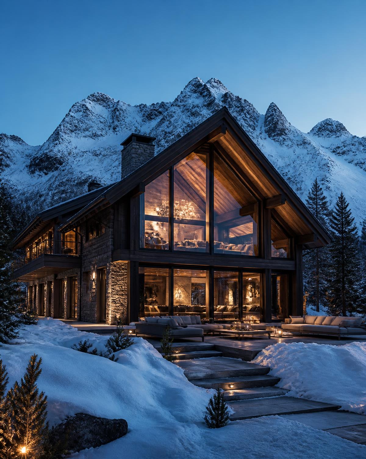Concept study of a timber and stone alpine chalet with a glazed gable facing snowy peaks