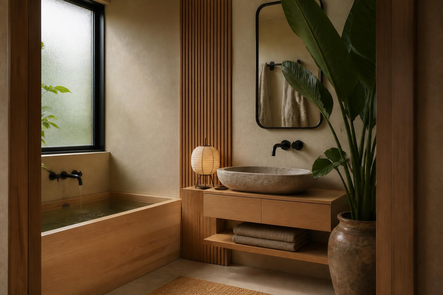 Concept study of a renovated small bathroom in warm micro-cement with a timber bath surround and floating oak vanity