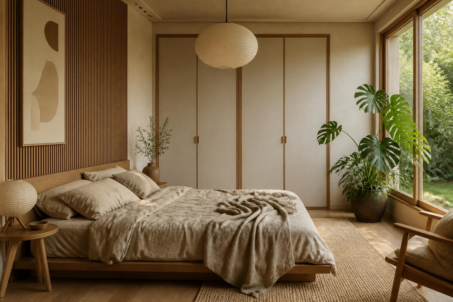Study of the same bedroom after: low oak platform bed, sand linen, vertical wood slat panel, cream plaster, paper lantern pendant, flush built-in wardrobe and a leafy plant at the window