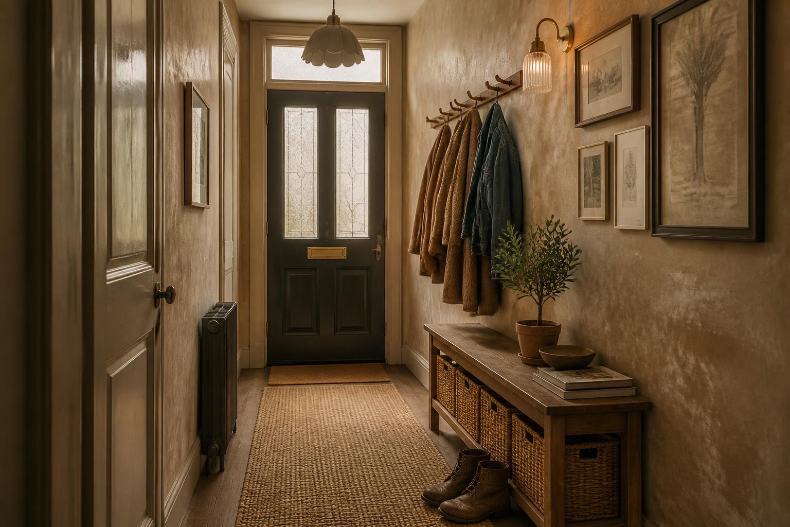 Study of the same hallway after: clay-toned lime-washed walls, jute runner, oak bench with baskets, brass peg rail and framed prints