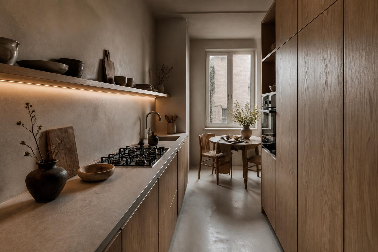 Concept study of a renovated galley kitchen with pale oak cabinetry, stone worktop and a round table at the window