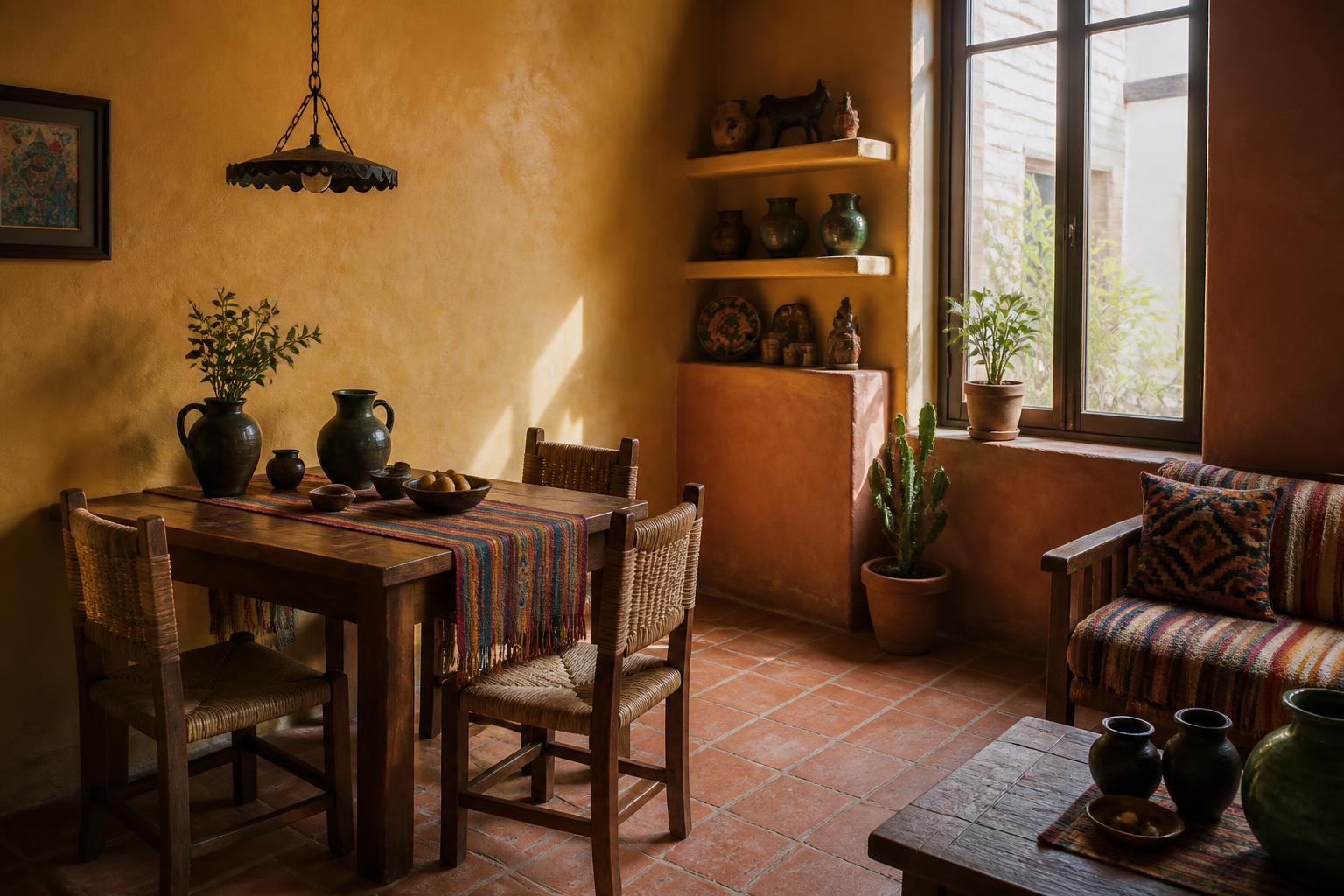 Concept study of a renovated dining corner in Mexican-inspired ochre plaster with saltillo tile and folk pottery