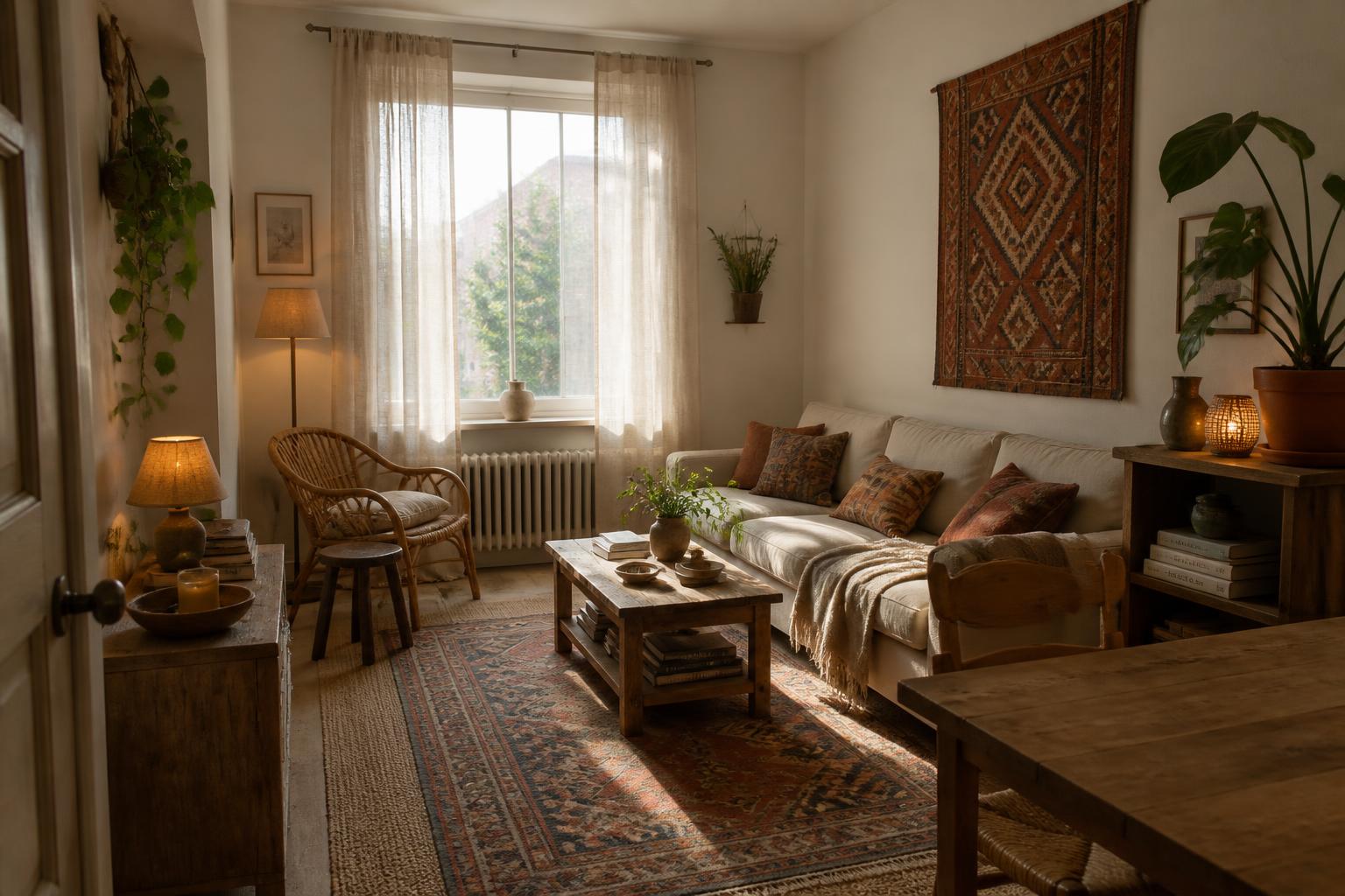 Study of the same studio living room after: linen curtains, rattan and oak furniture, terracotta tones, layered rugs and plants in natural daylight